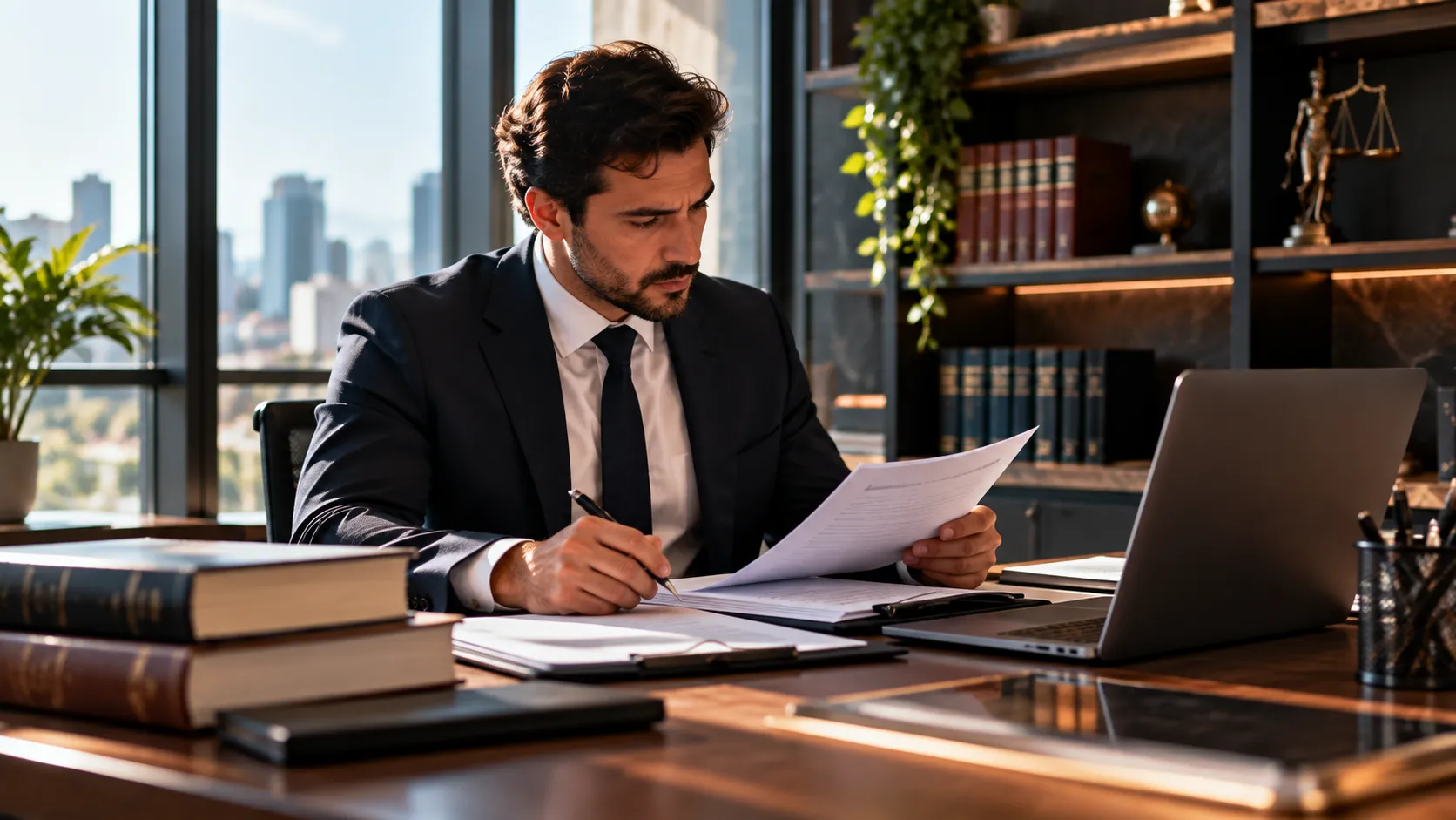 Advogado analisando documentos em escritório jurídico profissional