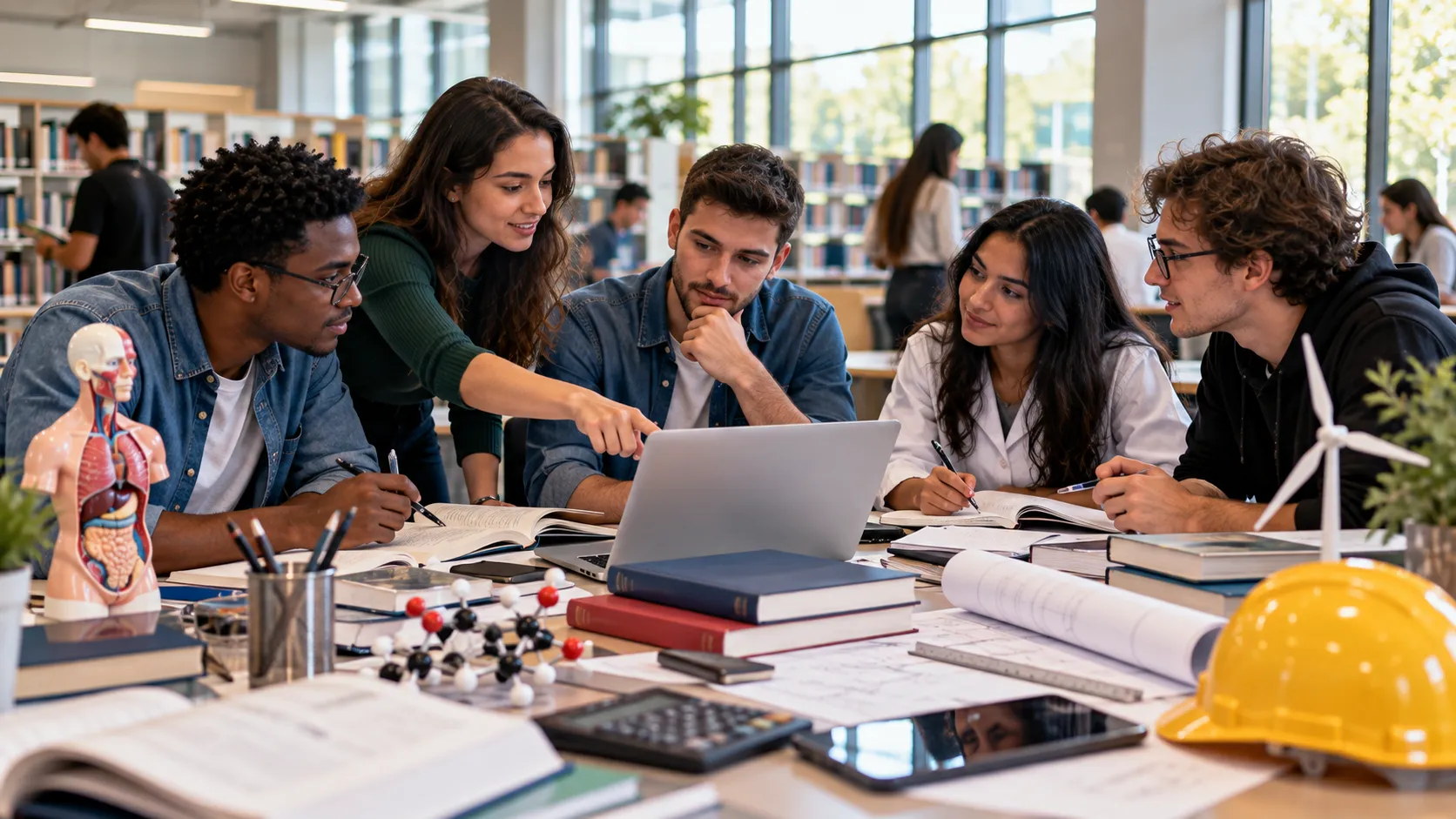 Universitários de diferentes áreas reunidos em ambiente de ensino superior