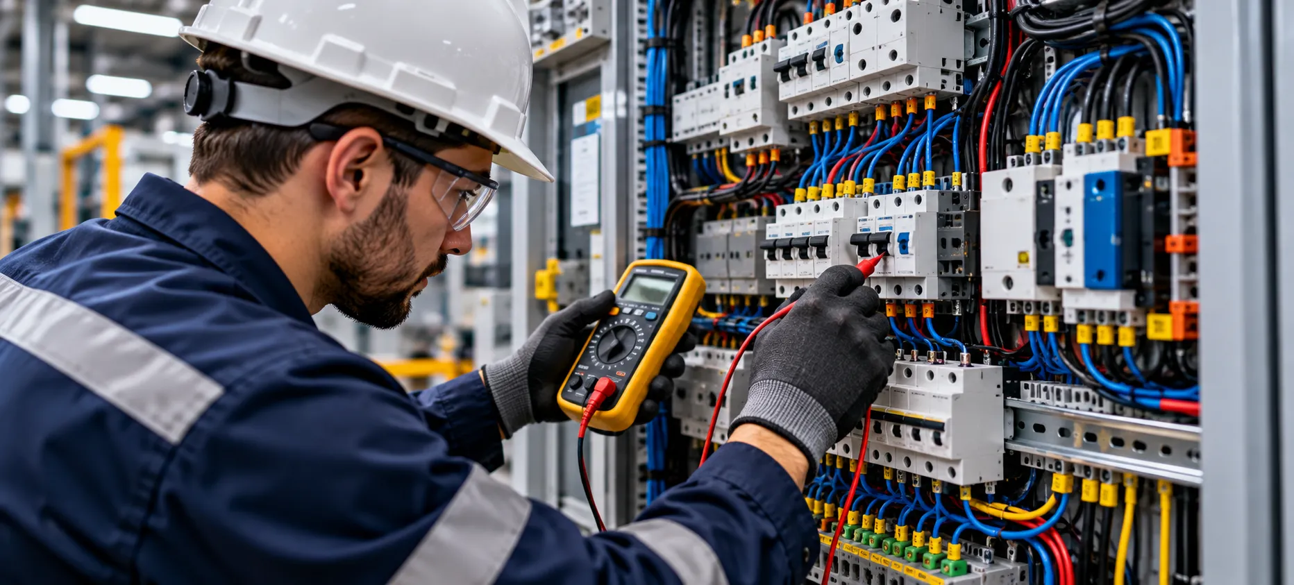 Engenheiro eletricista trabalhando em painel elétrico industrial com multímetro