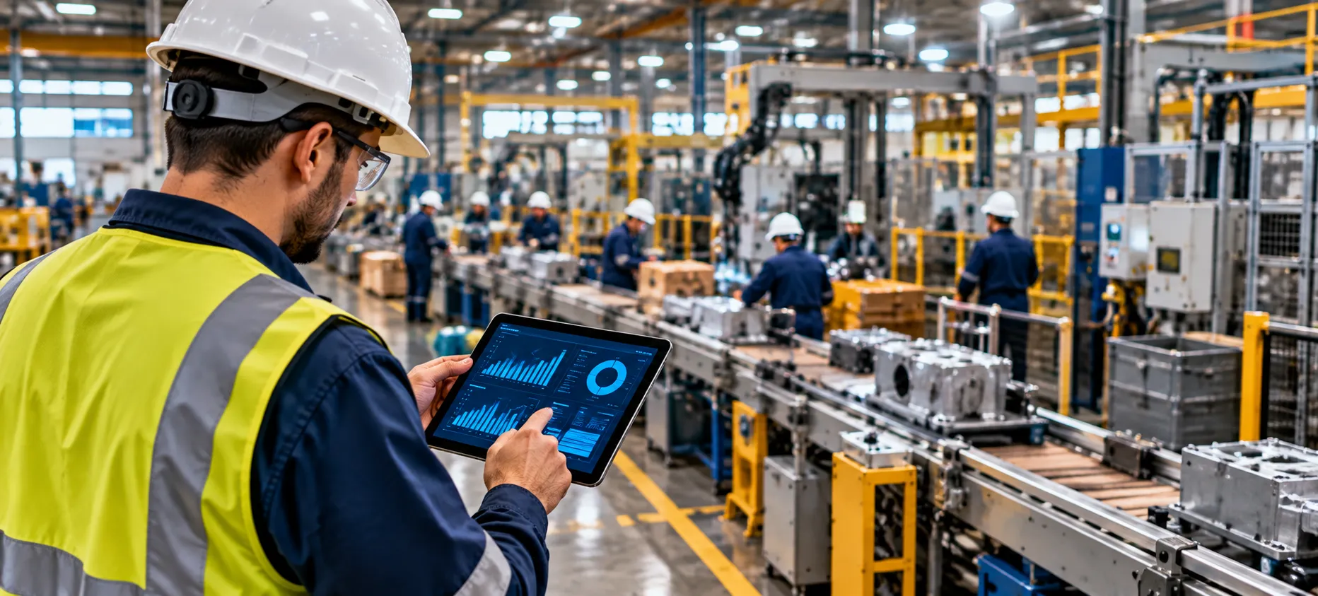 Engenheiro de produção analisando indicadores em tablet durante operação industrial