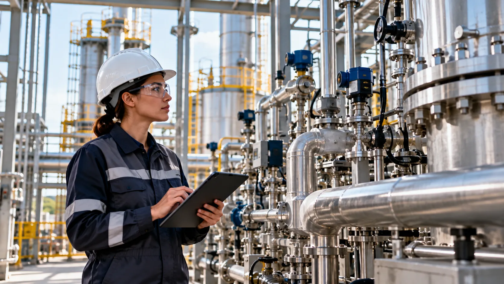 Engenheiro químico analisando processos em uma planta industrial