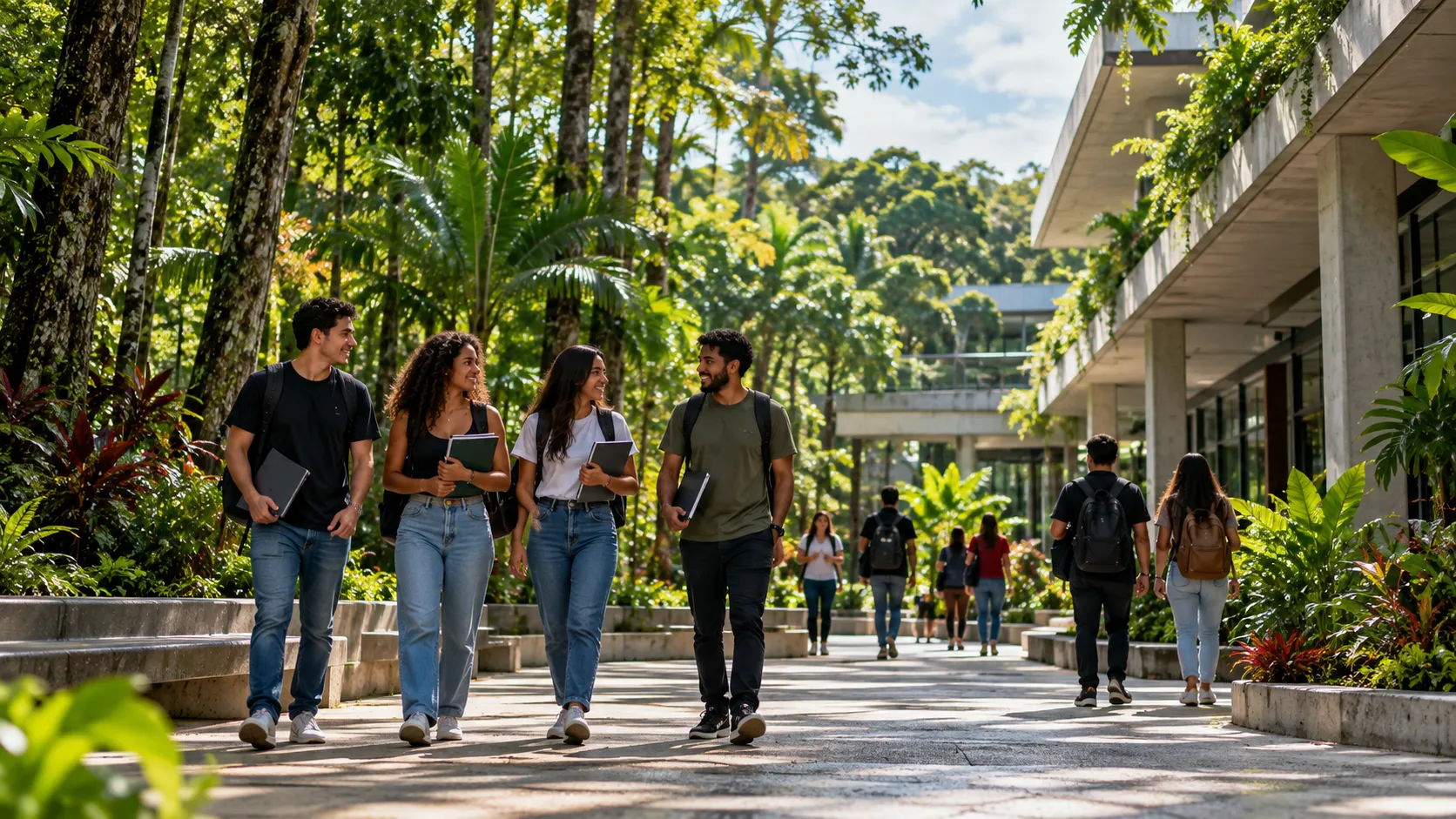 Estudantes em campus universitário integrado à paisagem amazônica
