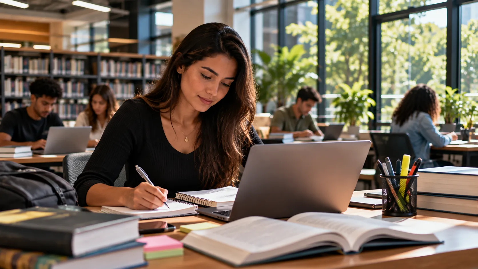 Estudante universitária utilizando recursos digitais em ambiente de estudos