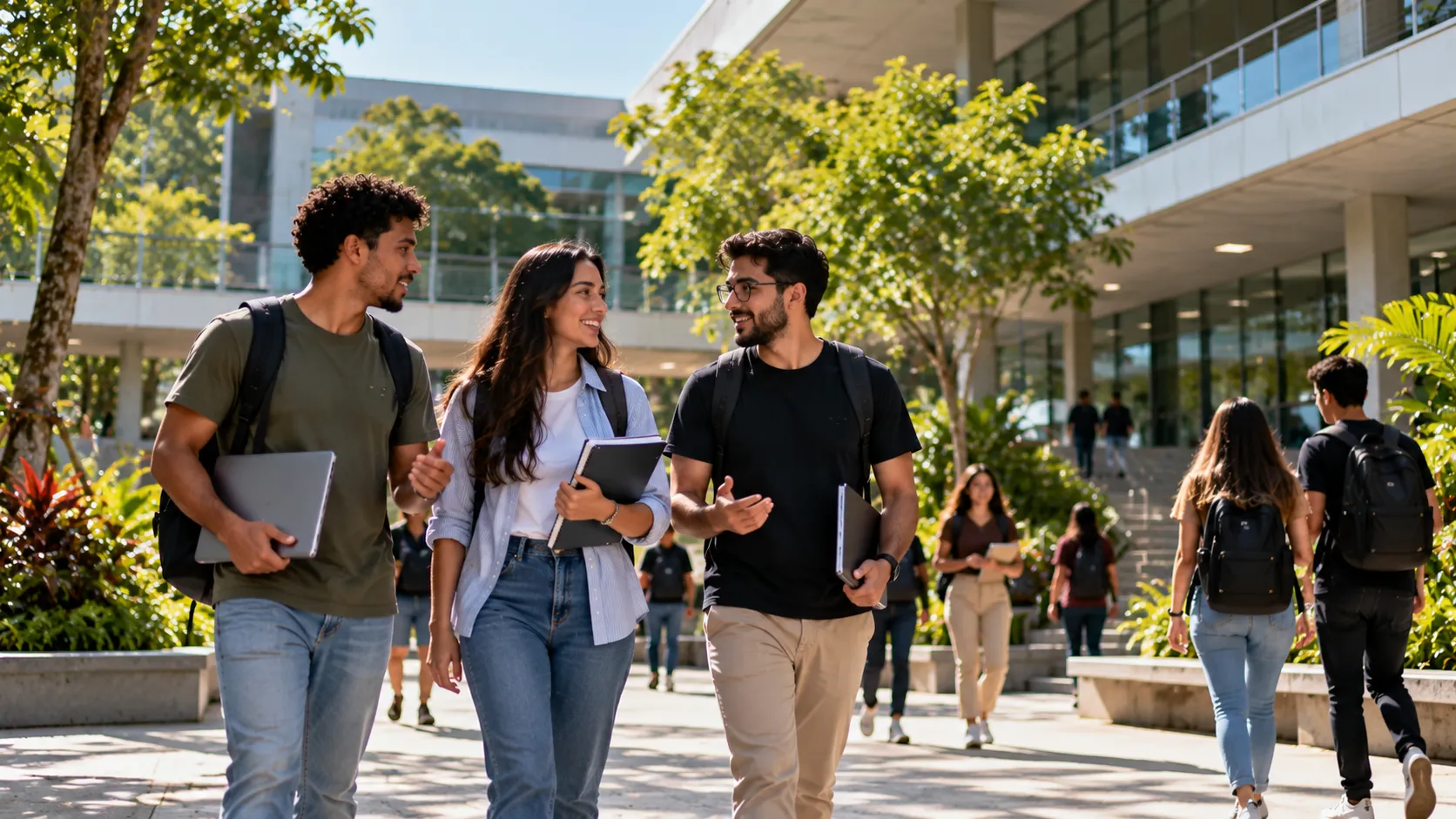 Estudantes em campus universitário moderno durante atividades acadêmicas