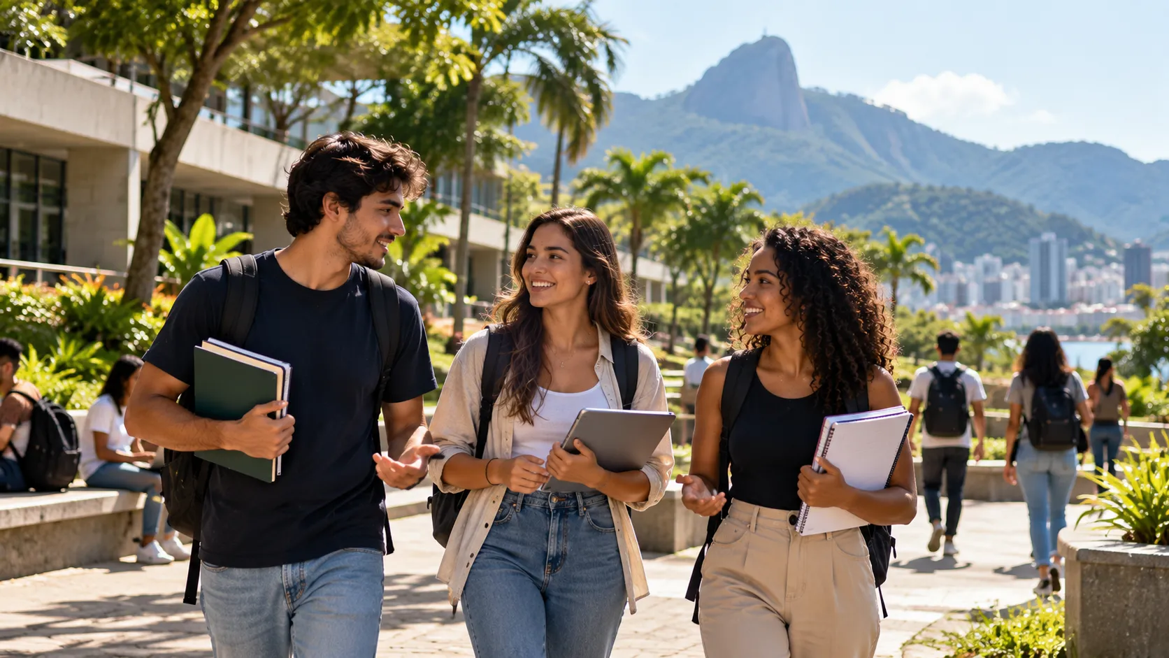 Estudantes em ambiente universitário moderno no Rio de Janeiro