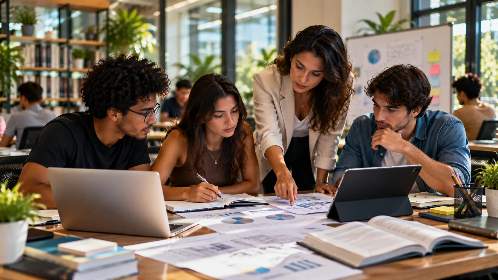 Estudantes universitários desenvolvendo projeto acadêmico interdisciplinar