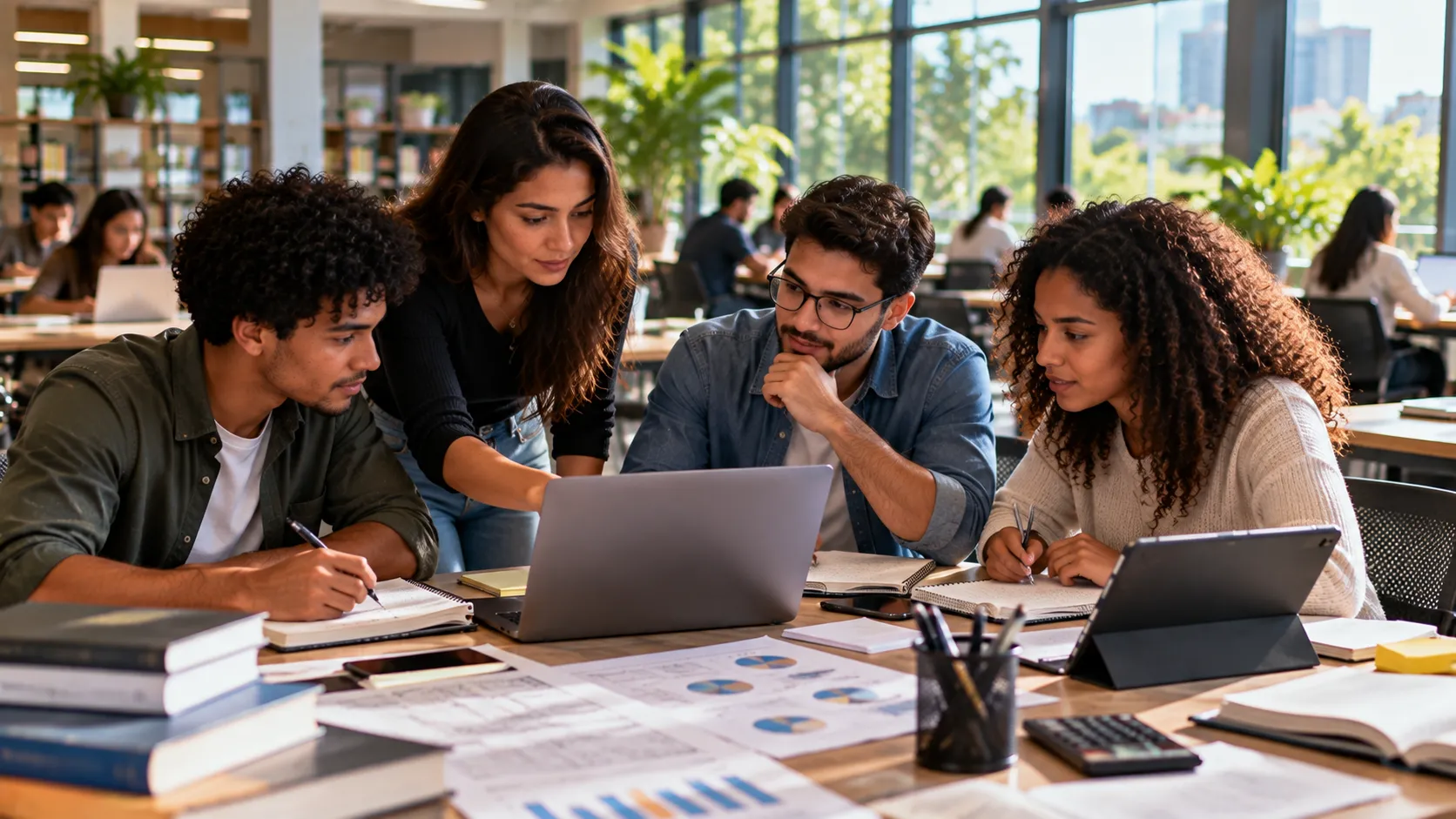 Estudantes universitários desenvolvendo projeto acadêmico colaborativo