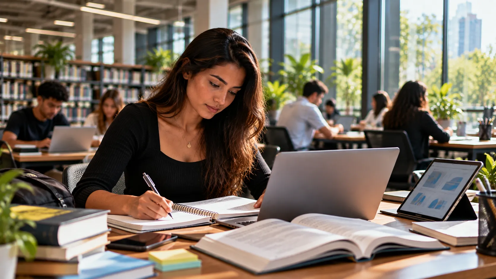 Estudante universitária utilizando tecnologia e materiais acadêmicos durante os estudos