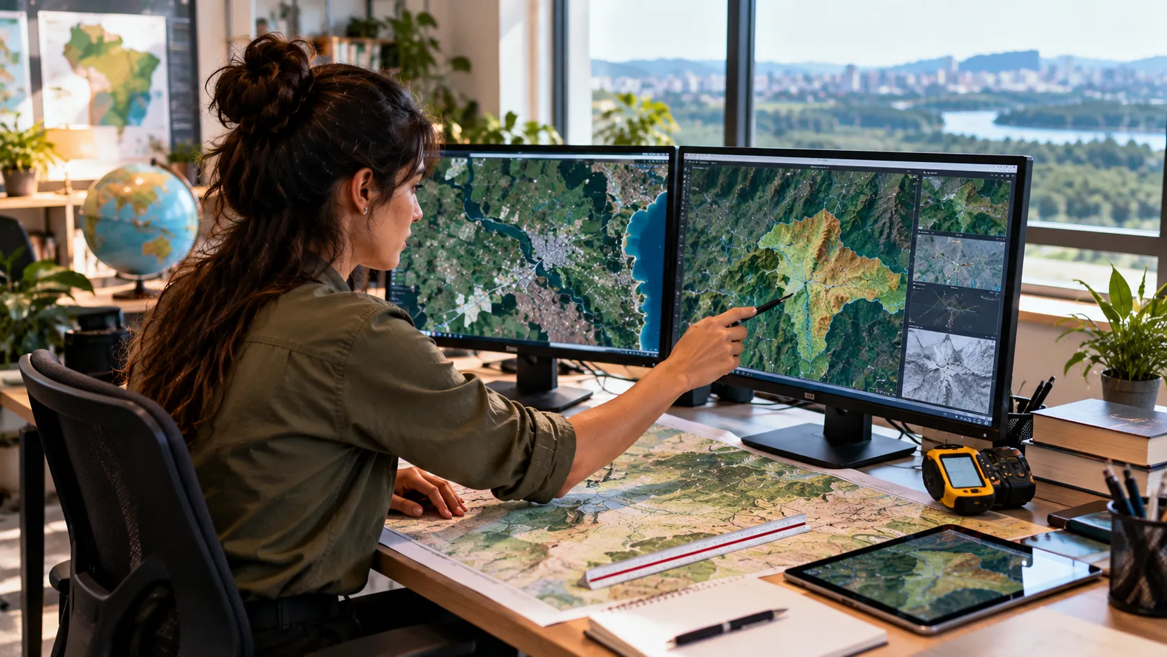 Geógrafa trabalhando com cartografia e análise de dados geoespaciais