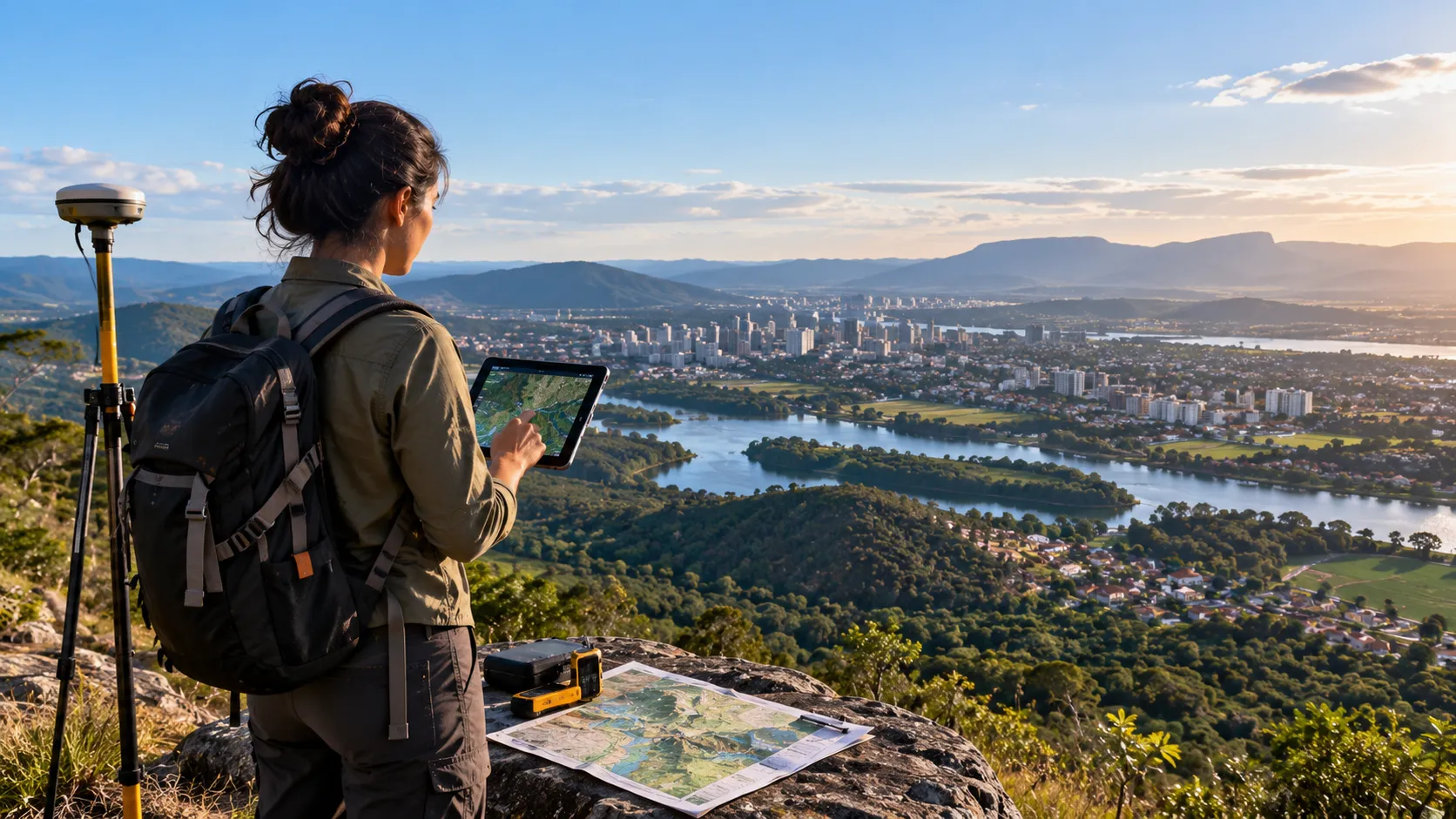 Geógrafo realizando análise territorial de uma paisagem brasileira