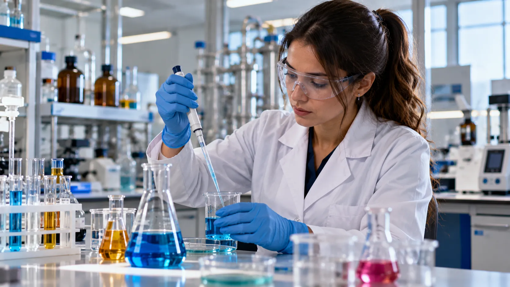 Profissional realizando análise química em laboratório de Engenharia Química