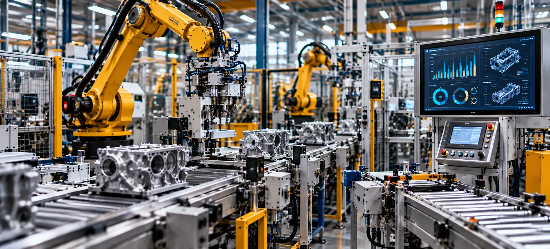 Linha de produção industrial automatizada com esteiras, máquinas e braços robóticos
