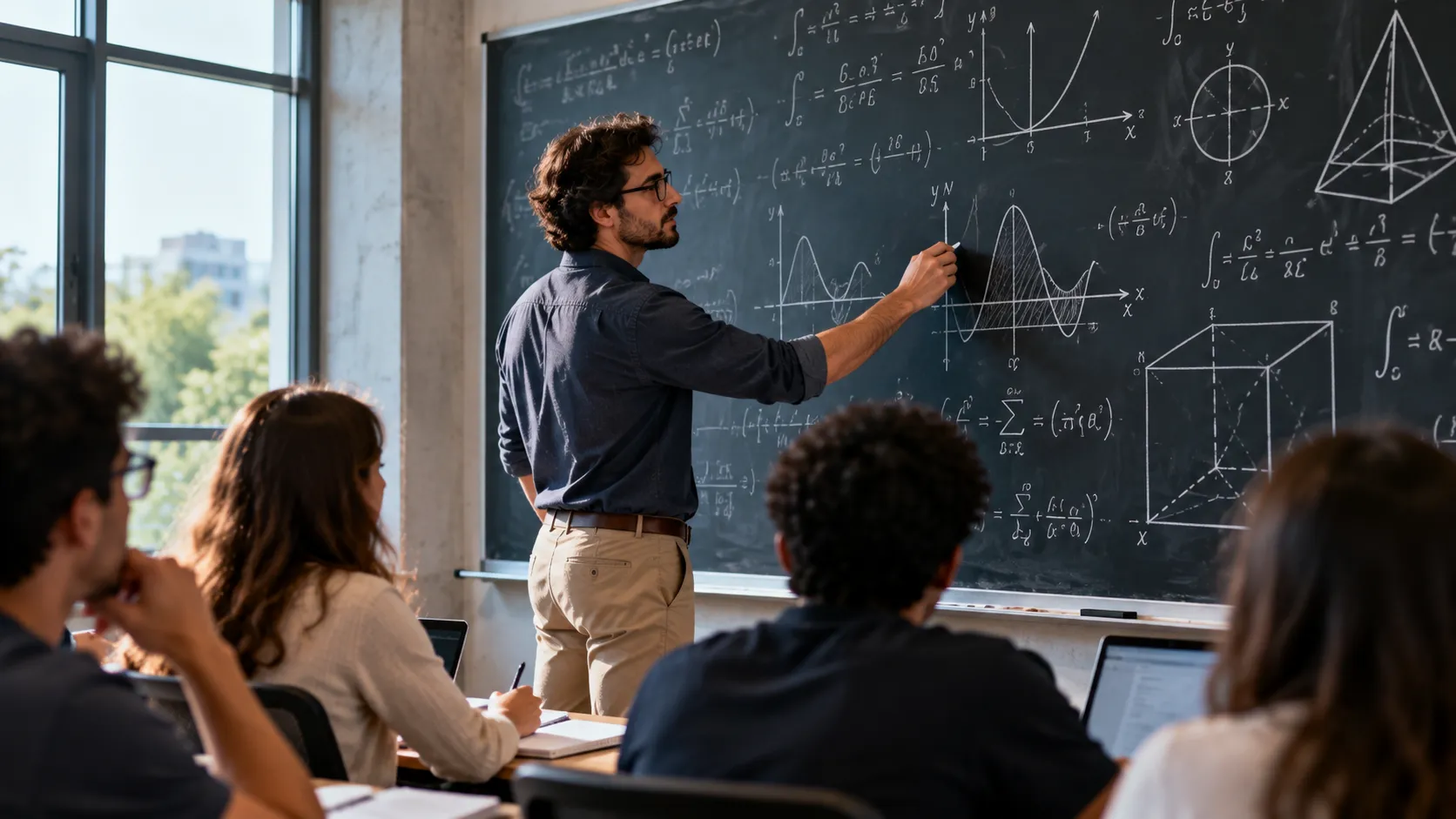 Professor de Matemática desenvolvendo cálculos em ambiente de ensino superior