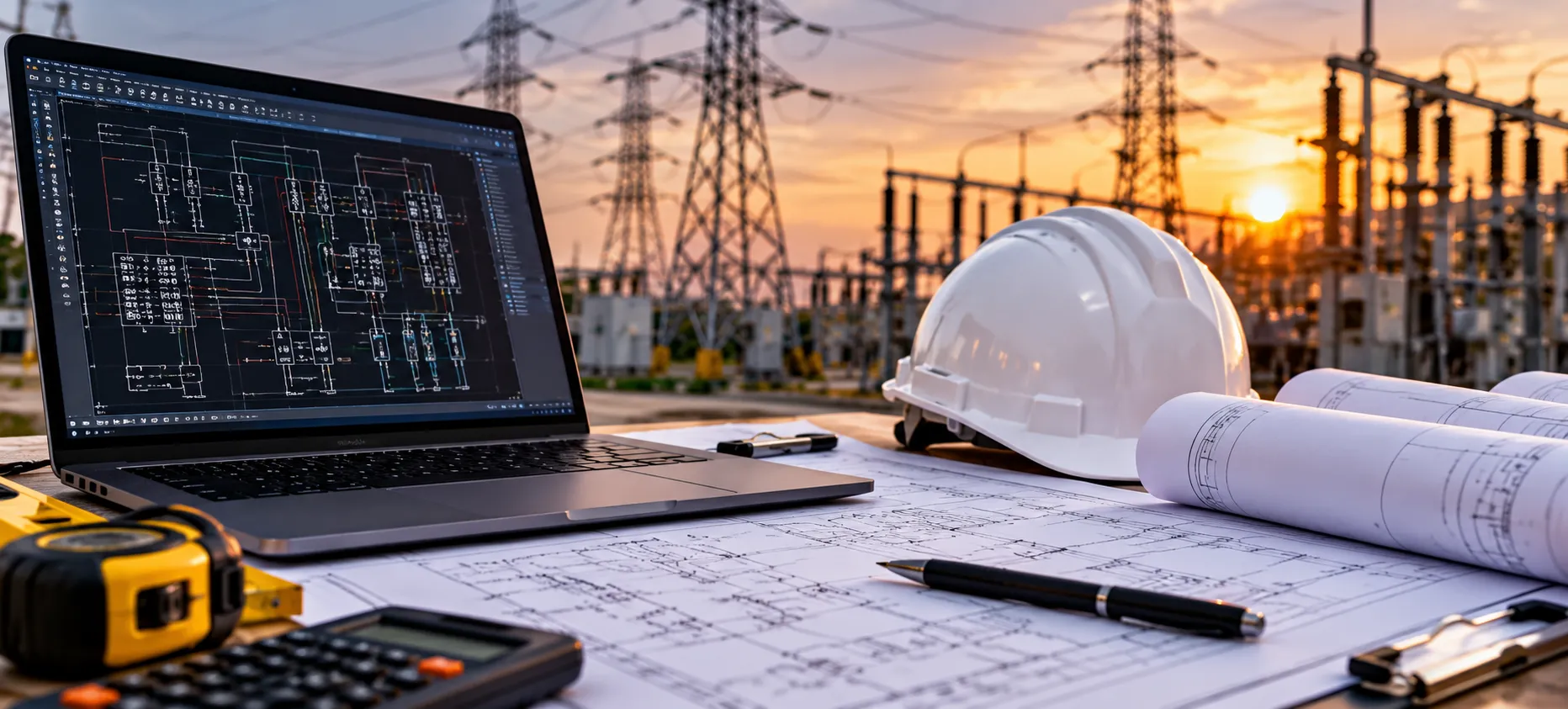 Projeto de Engenharia Elétrica com diagramas técnicos, notebook e sistema de transmissão de energia